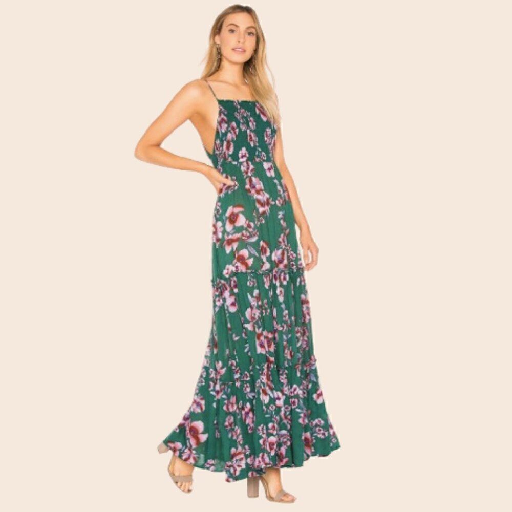 Free People Dark Green and Pink Garden Party Maxi Dress Size Medium